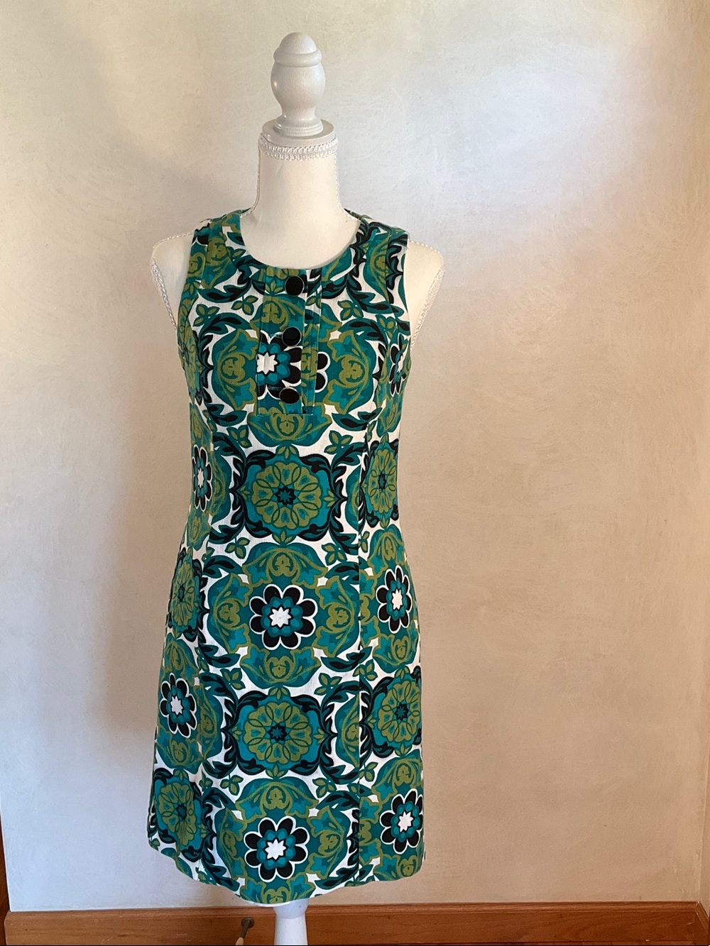 Ann Taylor Green Teal Floral-Print Sleeveless Shift Dress